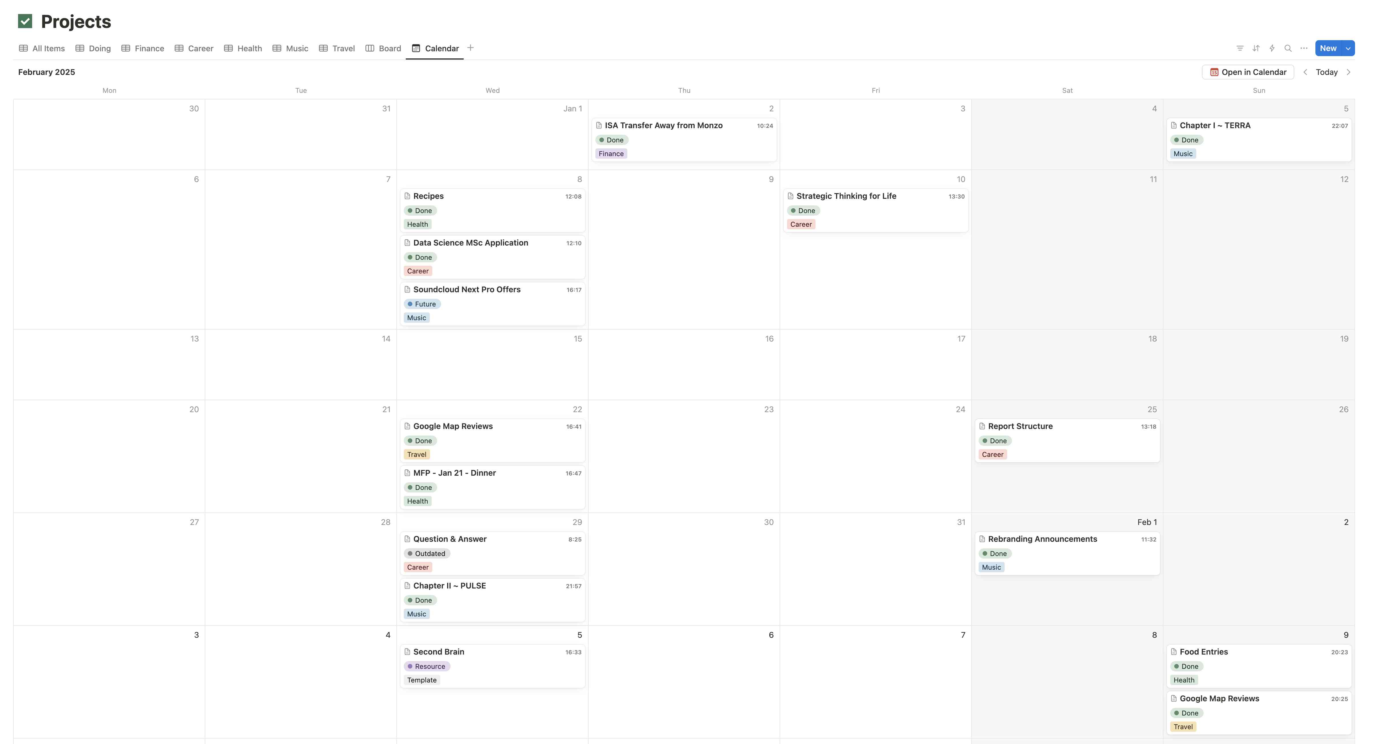 Notion database, calendar view